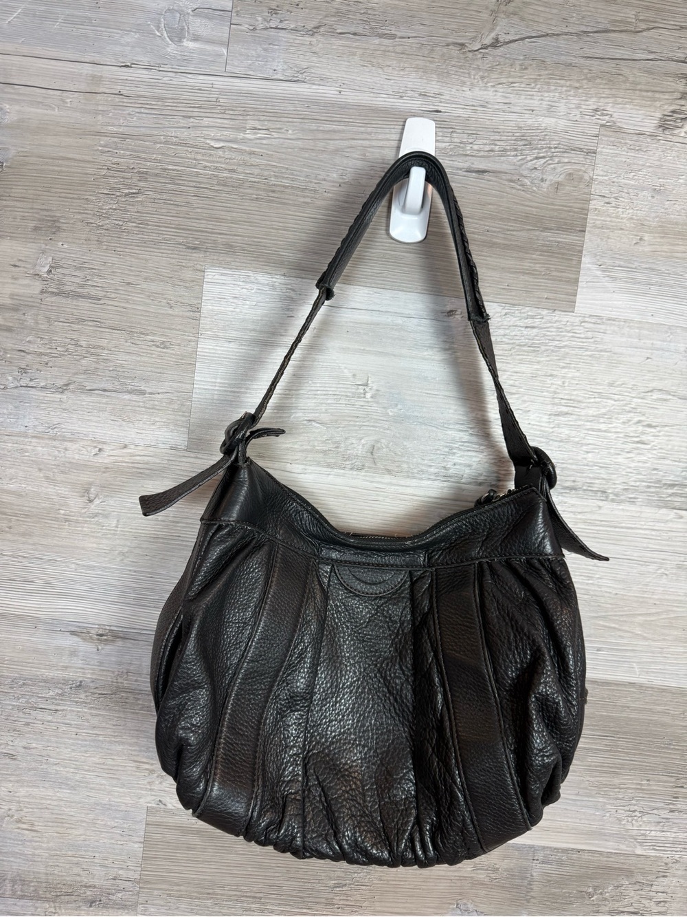 Cole Haan Espresso Brown Pebbled Leather Hobo Shoulder Bag Braided Strap Pleat